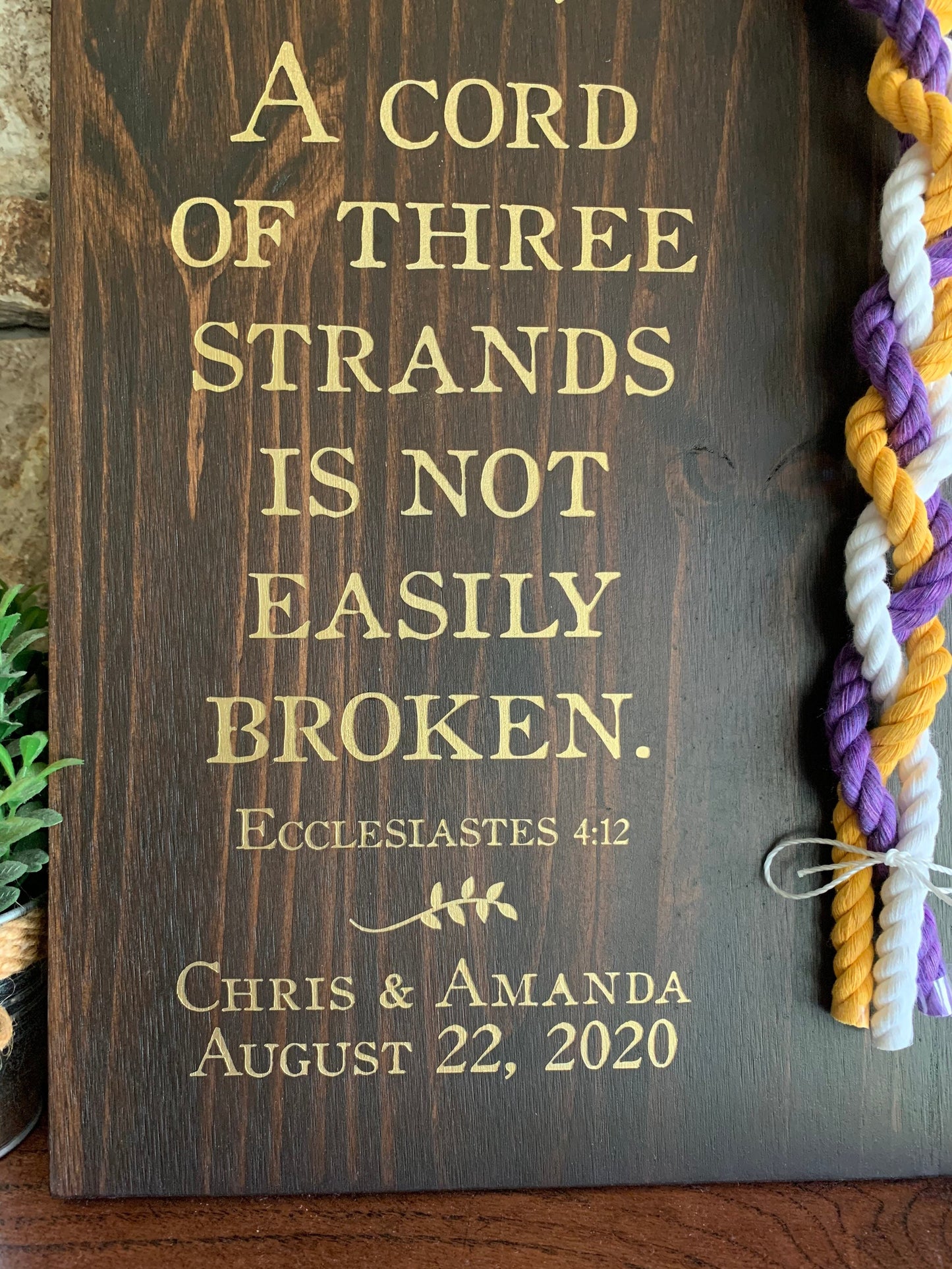 A Cord Of Three Strands Wedding Sign, Ceremony Sign, Metallic Gold Lettering, Purple, Yellow Gold and White Cords