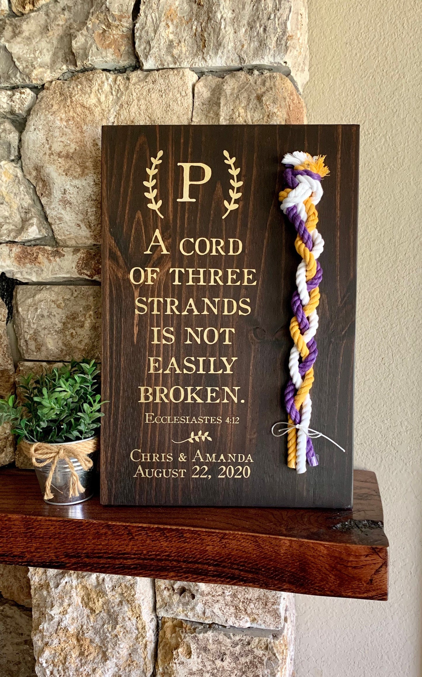 A Cord Of Three Strands Wedding Sign, Ceremony Sign, Metallic Gold Lettering, Purple, Yellow Gold and White Cords