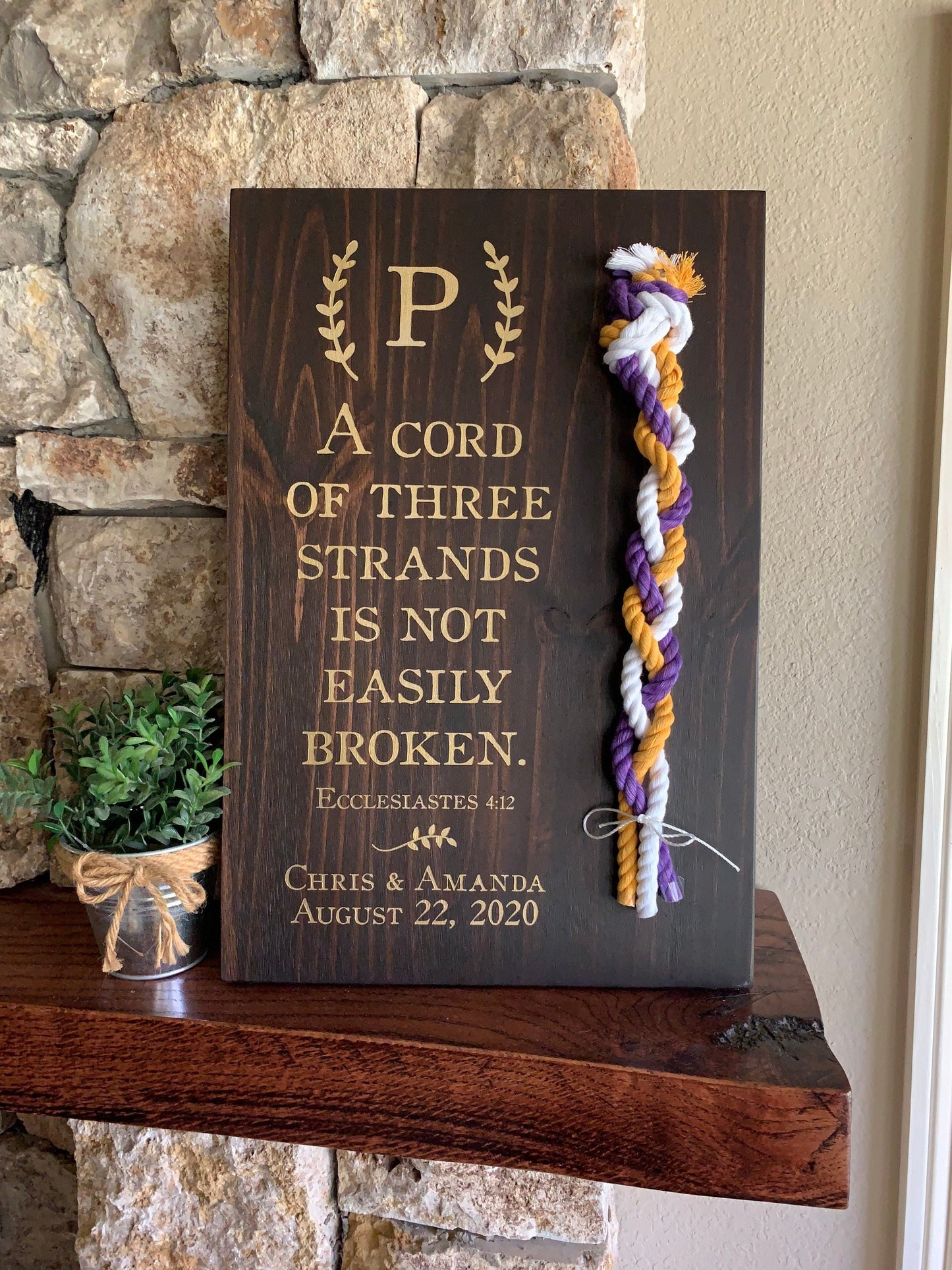 A Cord Of Three Strands Wedding Sign, Ceremony Sign, Metallic Gold Lettering, Purple, Yellow Gold and White Cords
