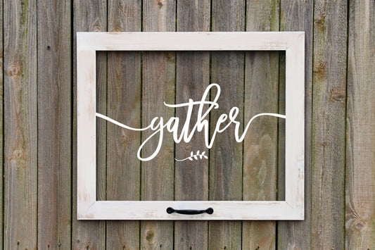 Rustic Framed Gather Sign, Farmhouse Window, Fall Decor, Housewarming, Autumn Decoration, Thanksgiving Wall Art, Dining Room, Kitchen Art