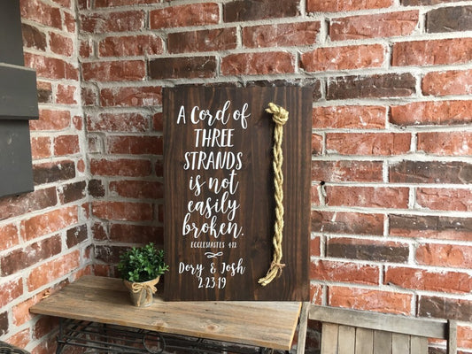 A Cord Of Three Strands Wedding Sign, Ceremony Sign, A Cord of 3 Strands, Ecclesiastes 4:9-12, Wedding Gift, (Dark Walnut Color Show)