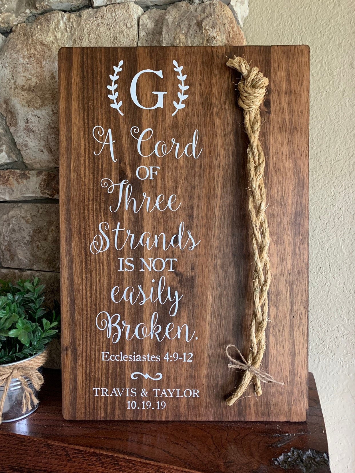 Christian Wedding Gift, A Cord of Three Strands is Not Easily Broken, Personalized Gift Couple, Anniversary Gift (Dark Walnut Color Shown)