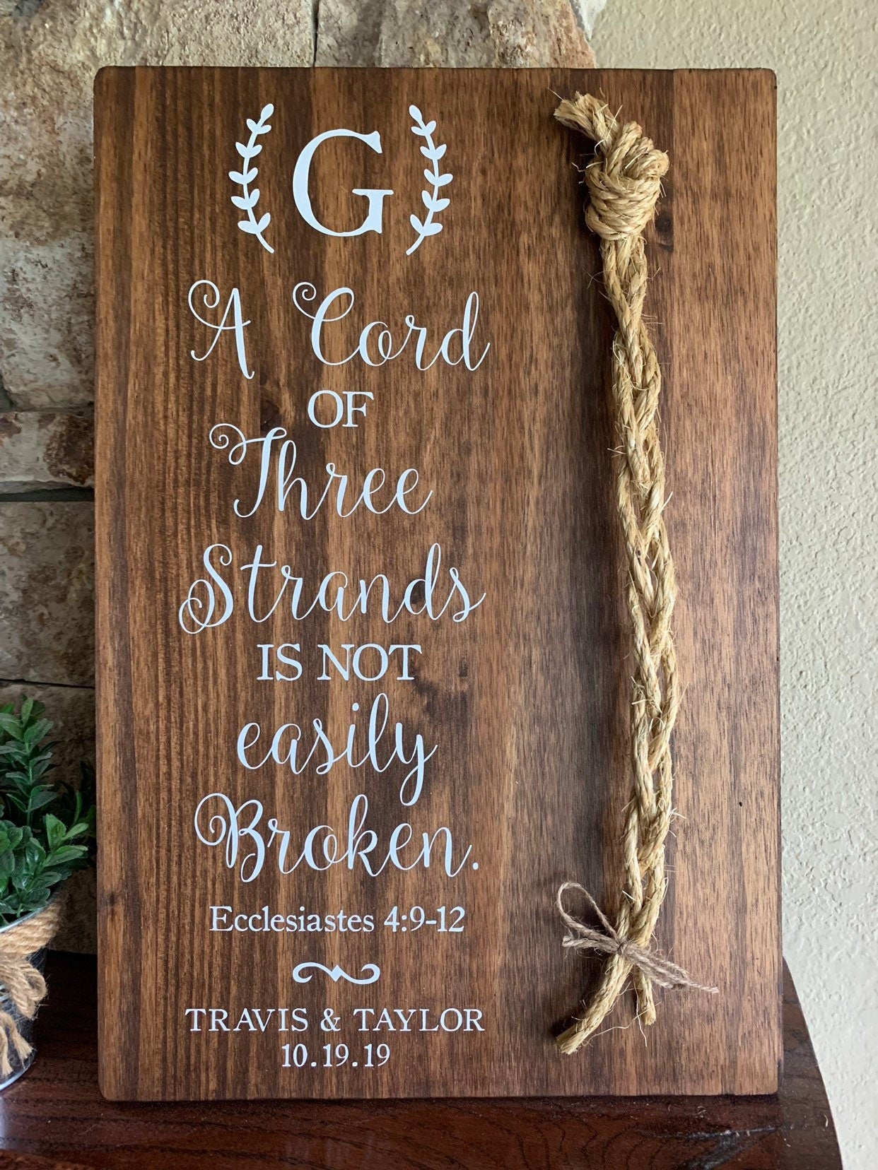 Christian Wedding Gift, A Cord of Three Strands is Not Easily Broken, Personalized Gift Couple, Anniversary Gift (Dark Walnut Color Shown)