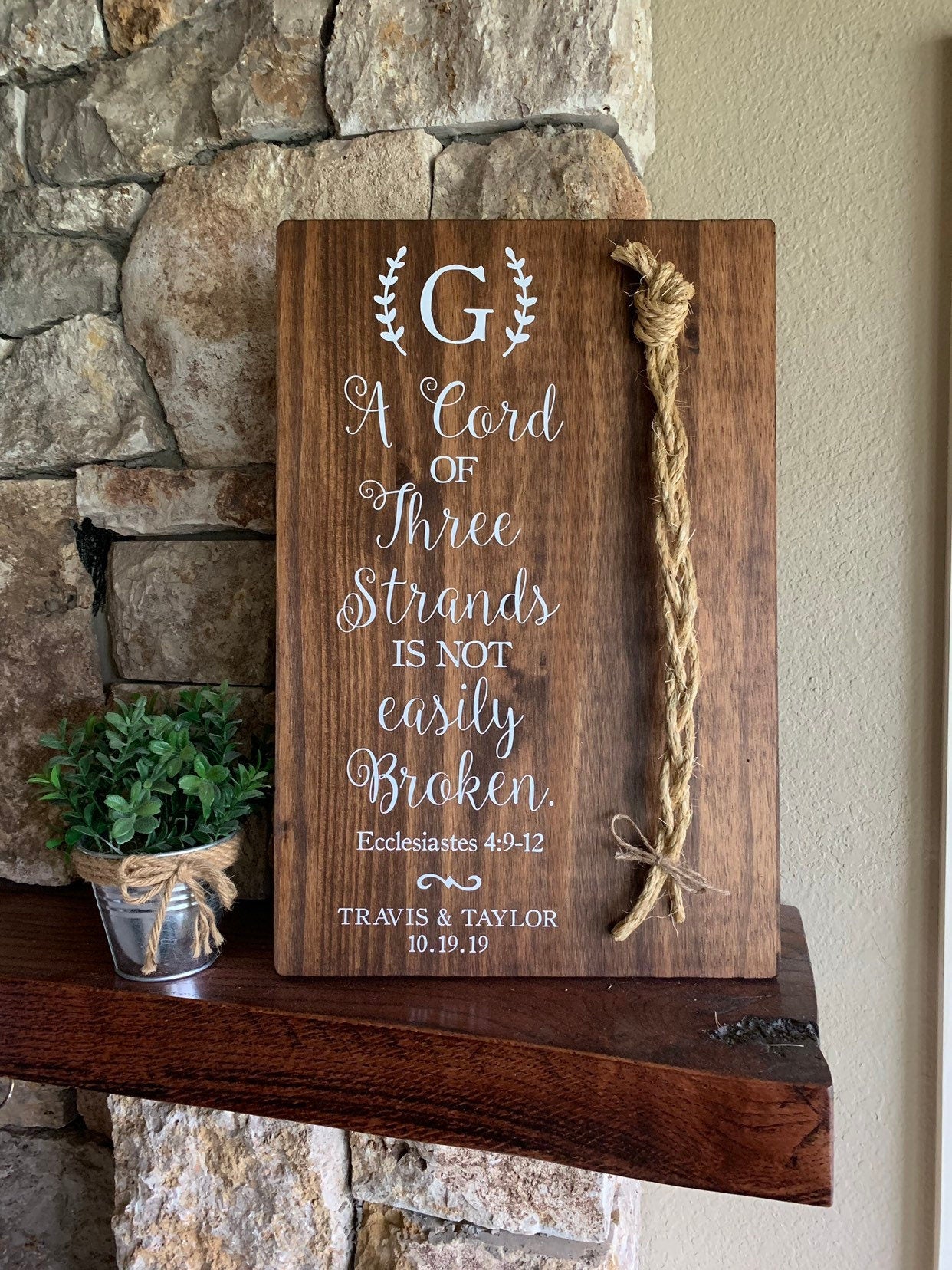 Christian Wedding Gift, A Cord of Three Strands is Not Easily Broken, Personalized Gift Couple, Anniversary Gift (Dark Walnut Color Shown)
