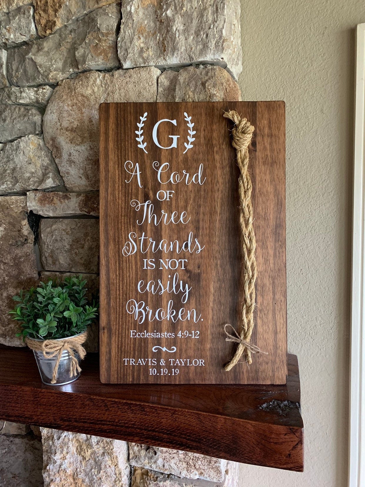 Christian Wedding Gift, A Cord of Three Strands is Not Easily Broken, Personalized Gift Couple, Anniversary Gift (Dark Walnut Color Shown)