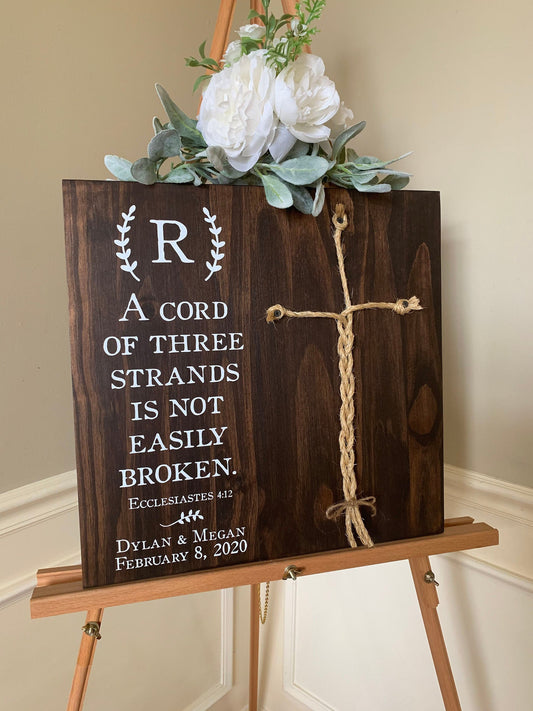 A Cord Of Three Strands Wedding Sign, Ceremony Sign, A Cord of 3 Strands, Ecclesiastes 4:9-12, Wedding Gift, (Dark Walnut Color Shown)