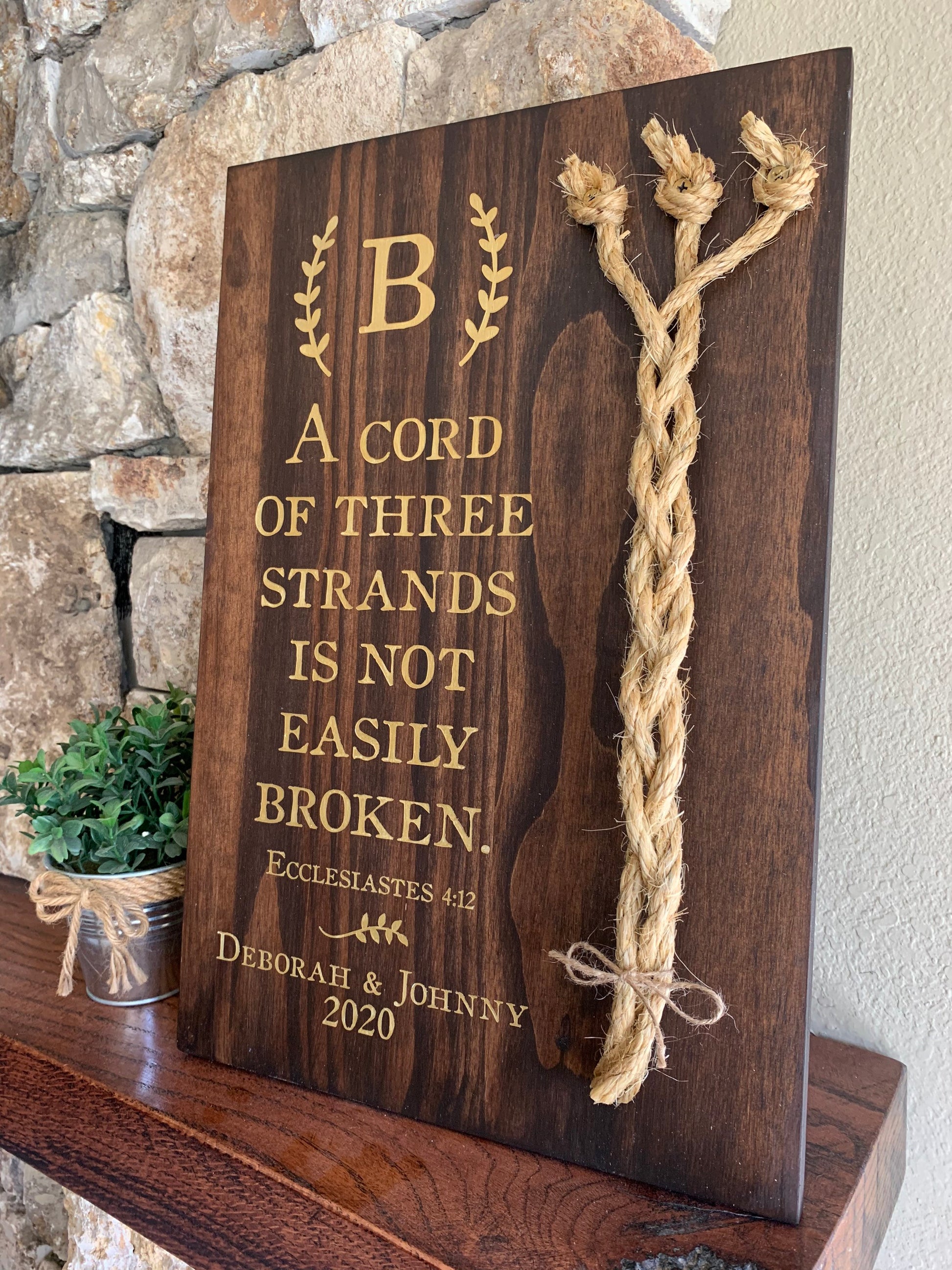 A Cord Of Three Strands Wedding Sign, Ceremony Sign, Painted Gold Lettering