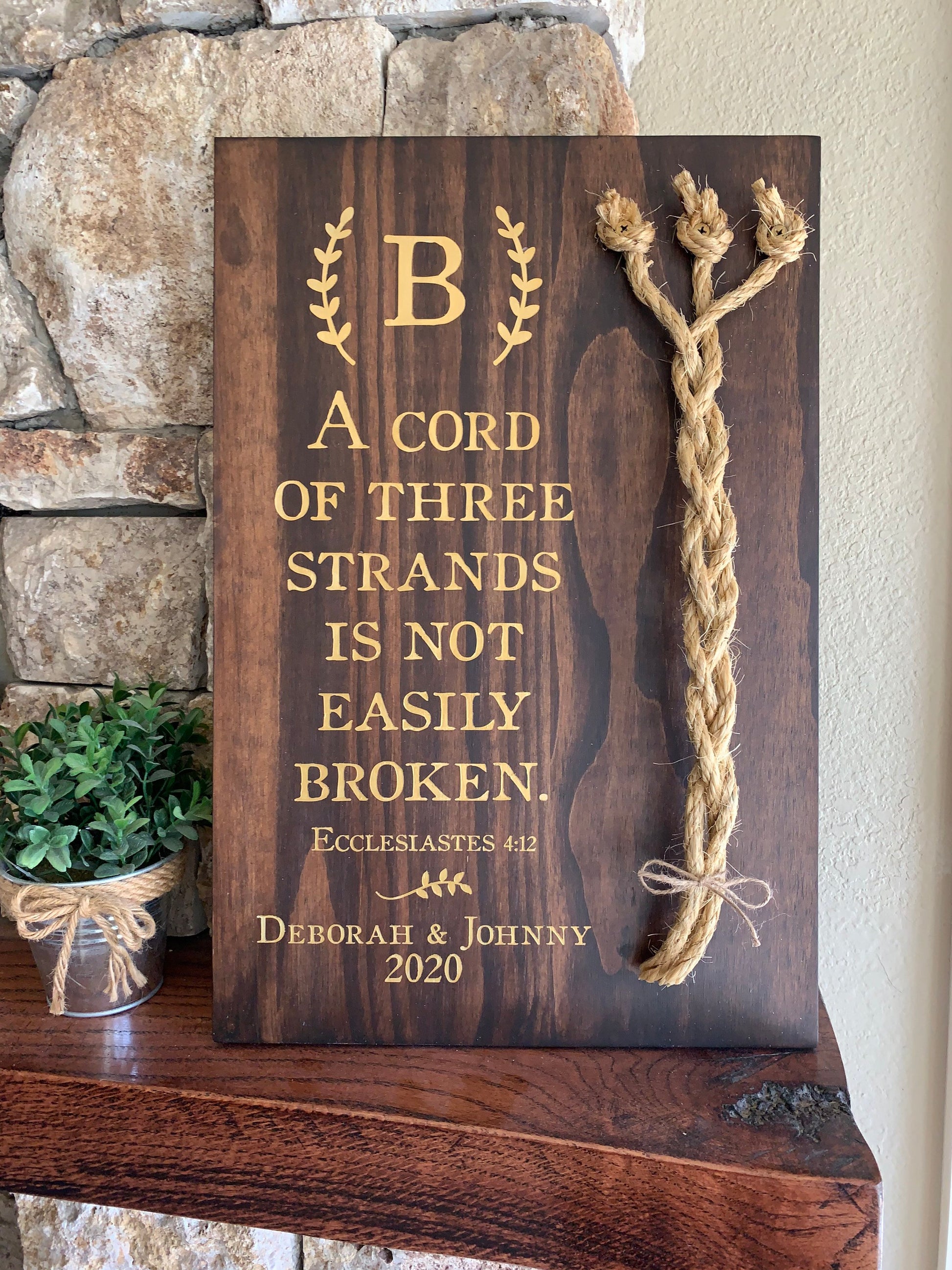 A Cord Of Three Strands Wedding Sign, Ceremony Sign, Painted Gold Lettering