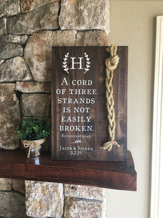 A Cord Of Three Strands Wedding Sign, Ceremony Sign, A Cord of 3 Strands, Ecclesiastes 4:9-12, Wedding Gift, (Kona Color Shown)