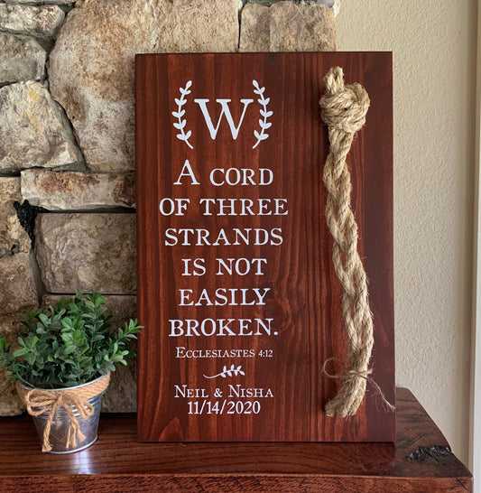 A Cord Of Three Strands Wedding Sign, Ceremony Sign, A Cord of 3 Strands, Ecclesiastes 4:9-12, Wedding Gift, Fall Wedding Decor, Cord Sign