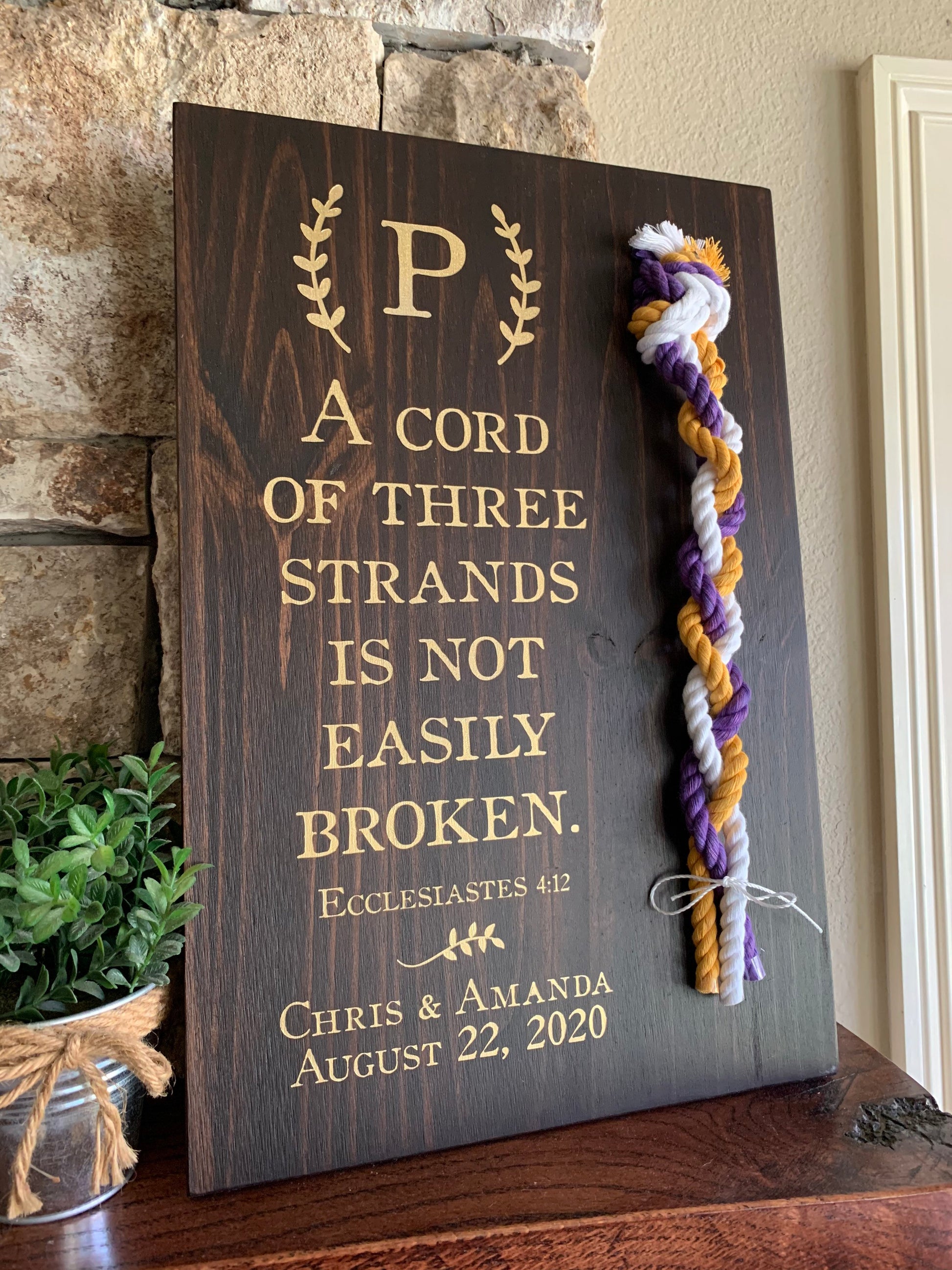 A Cord Of Three Strands Wedding Sign, Ceremony Sign, Painted Gold Lettering, Purple, Yellow Gold and White Cords