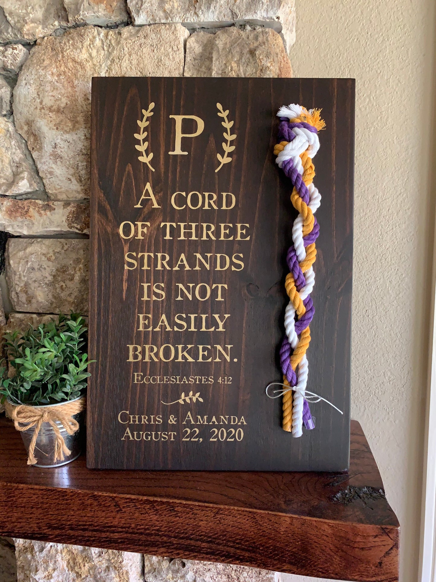 A Cord Of Three Strands Wedding Sign, Ceremony Sign, Painted Gold Lettering, Purple, Yellow Gold and White Cords