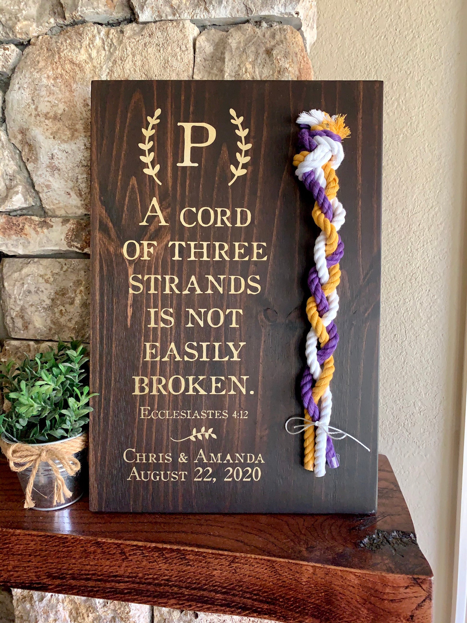 A Cord Of Three Strands Wedding Sign, Ceremony Sign, Painted Gold Lettering, Purple, Yellow Gold and White Cords