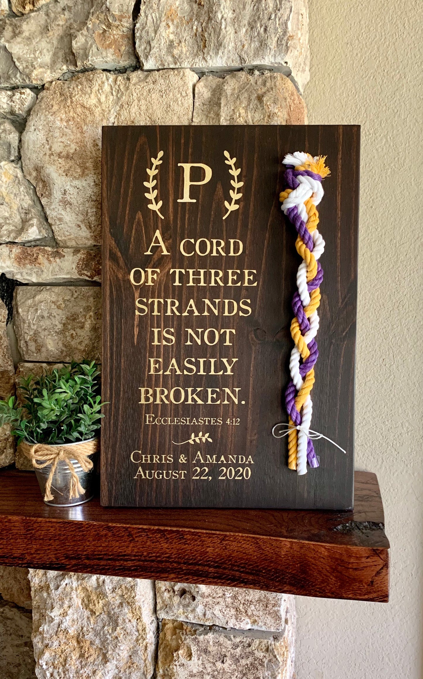 A Cord Of Three Strands Wedding Sign, Ceremony Sign, Painted Gold Lettering, Purple, Yellow Gold and White Cords