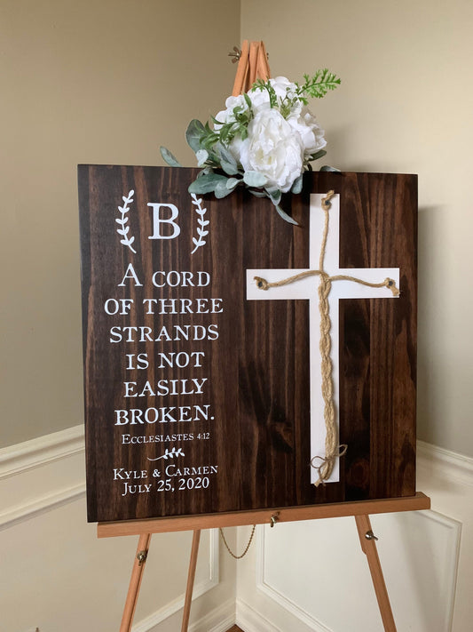 A Cord Of Three Strands Wedding Sign, Ceremony Sign, Ecclesiastes 4:9-12, Wedding Gift, A Cord of 3 Strands, (Dark Walnut Color Shown)