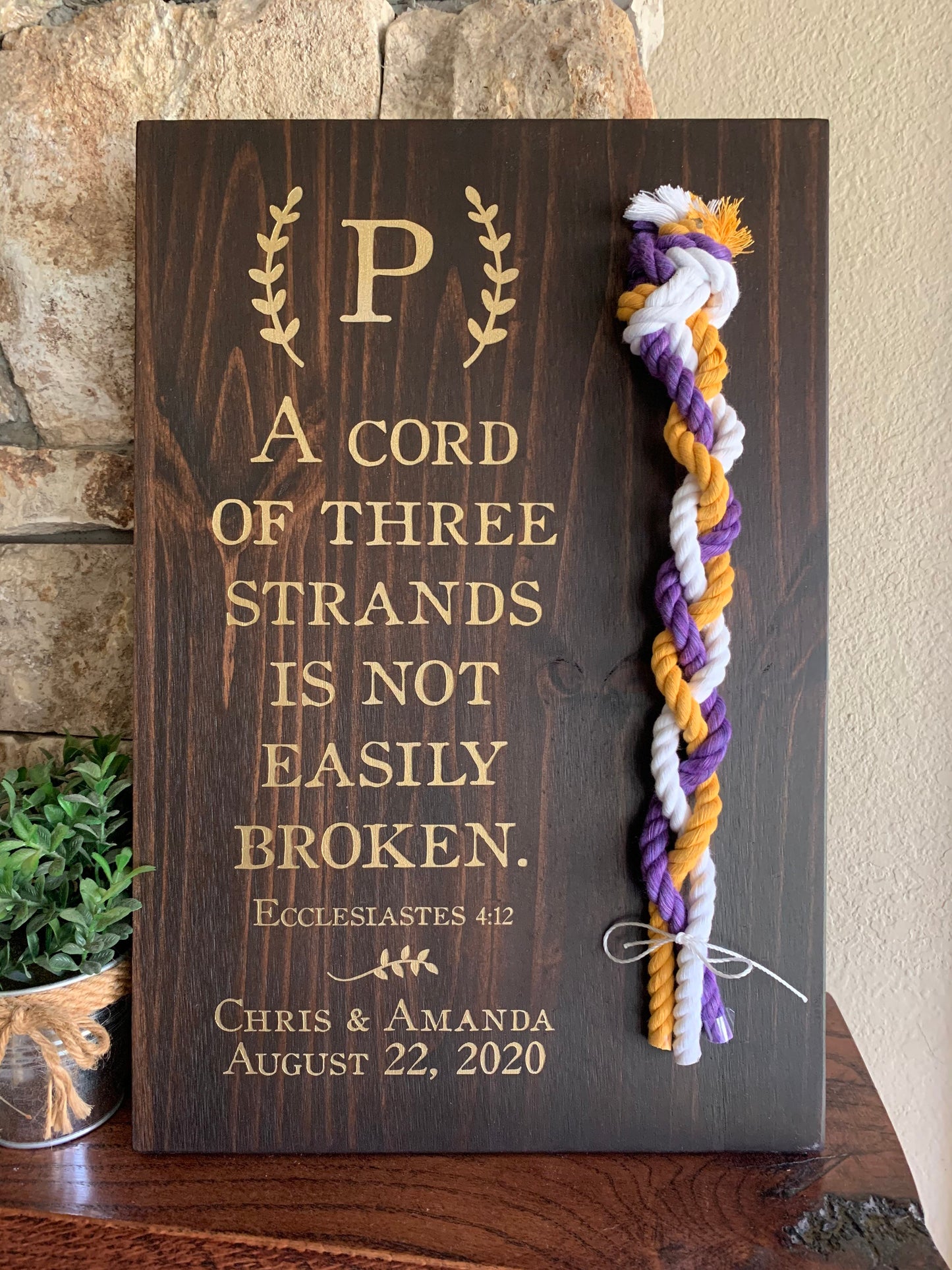 A Cord Of Three Strands Wedding Sign, Ceremony Sign, Painted Gold Lettering, Purple, Yellow Gold and White Cords