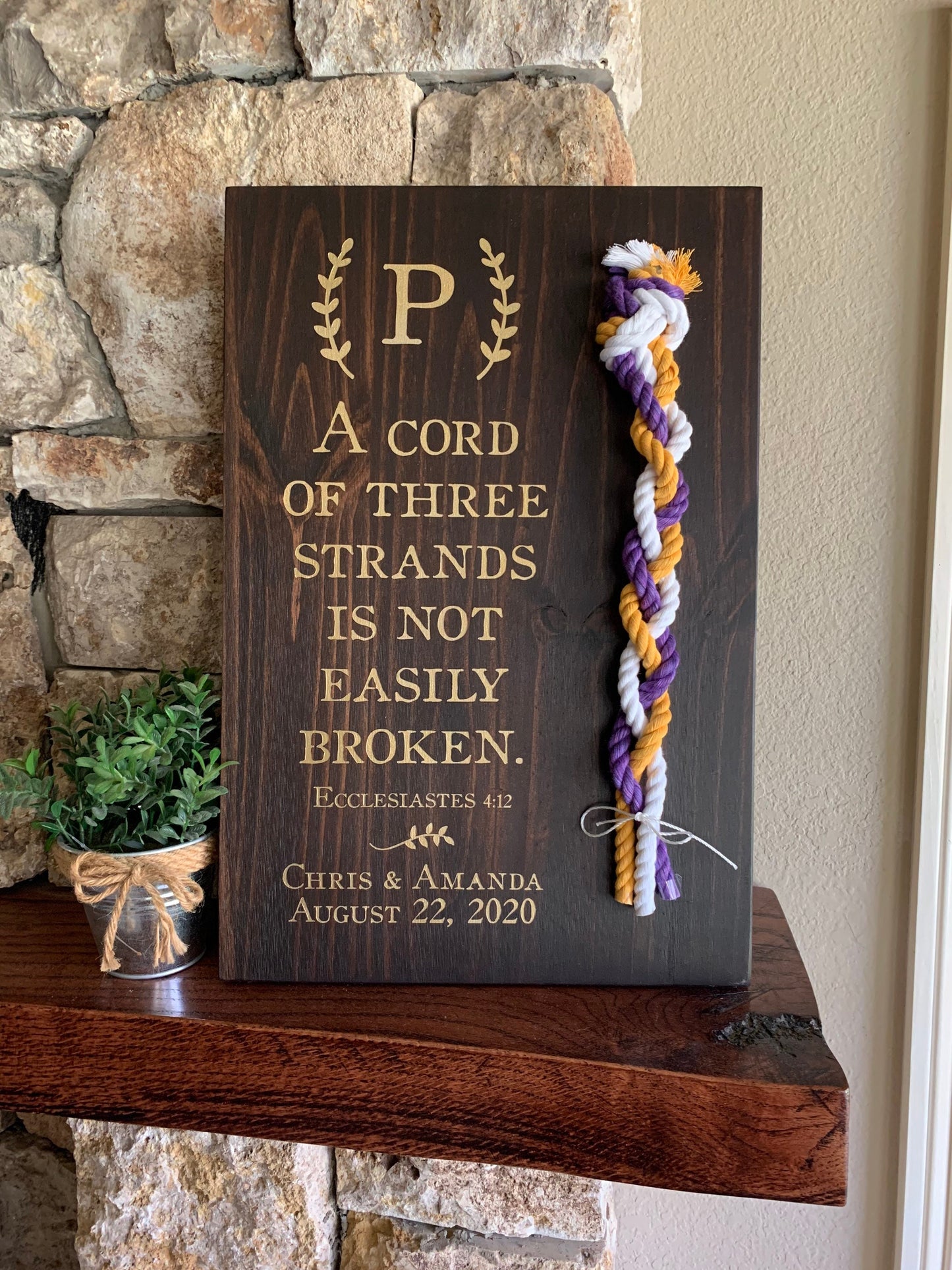 A Cord Of Three Strands Wedding Sign, Ceremony Sign, Metallic Gold Lettering, Purple, Yellow Gold and White Cords