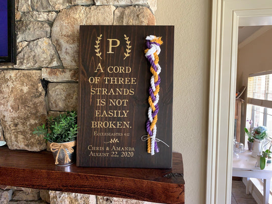 A Cord Of Three Strands Wedding Sign, Ceremony Sign, Metallic Gold Lettering, Purple, Yellow Gold and White Cords