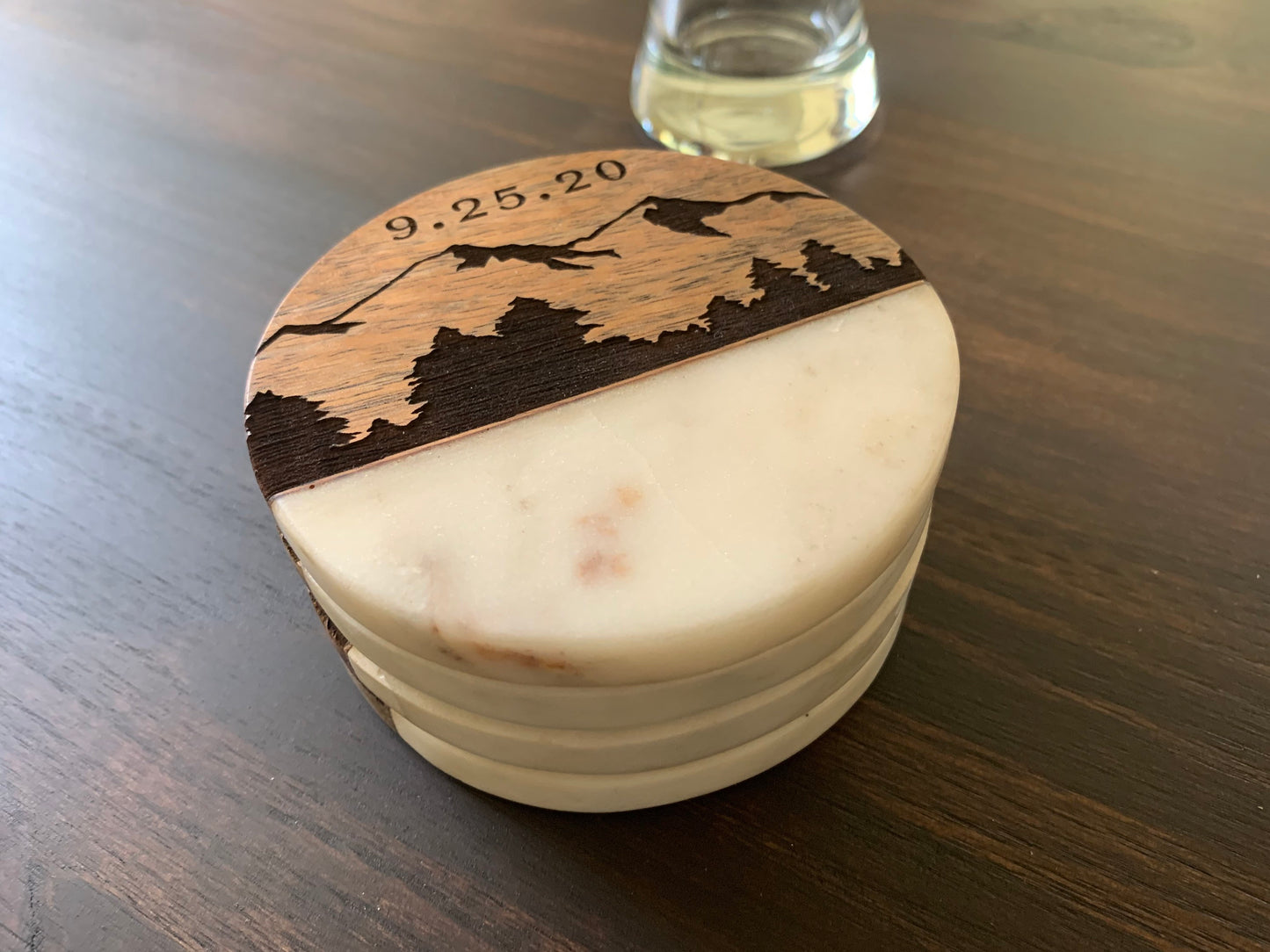 Custom Engraved Wood and Marble Coasters