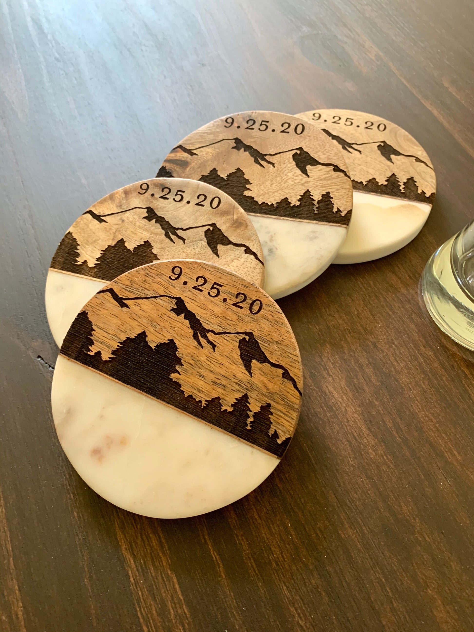 Custom Engraved Wood and Marble Coasters