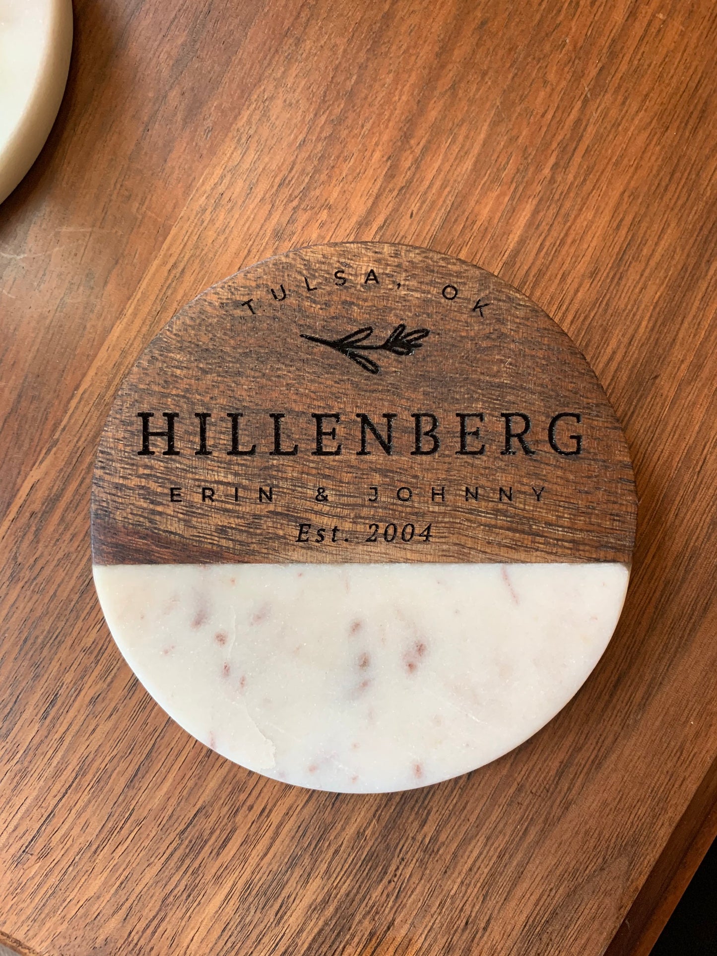 Custom Engraved Wood and Marble Coasters