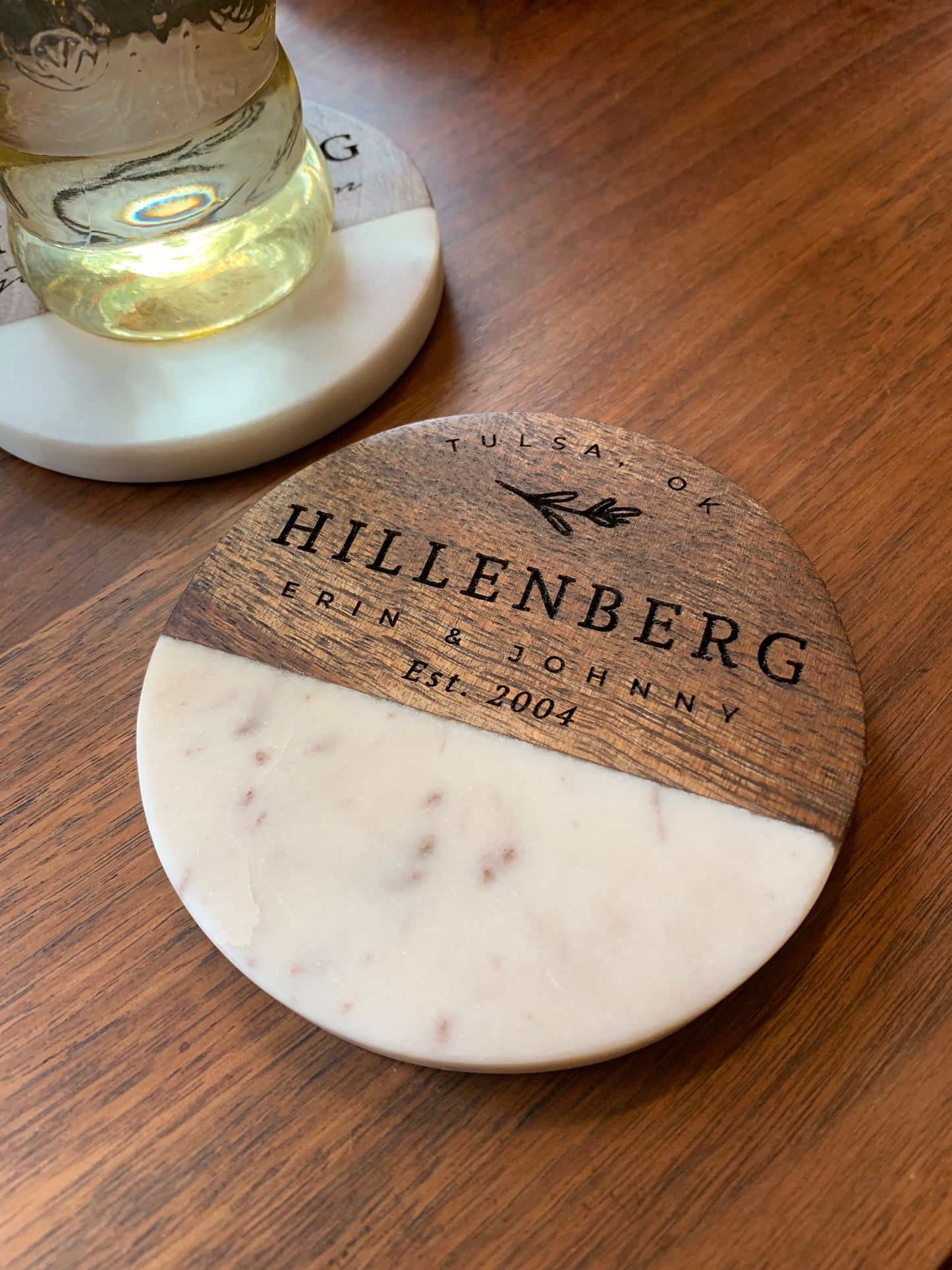 Custom Engraved Wood and Marble Coasters