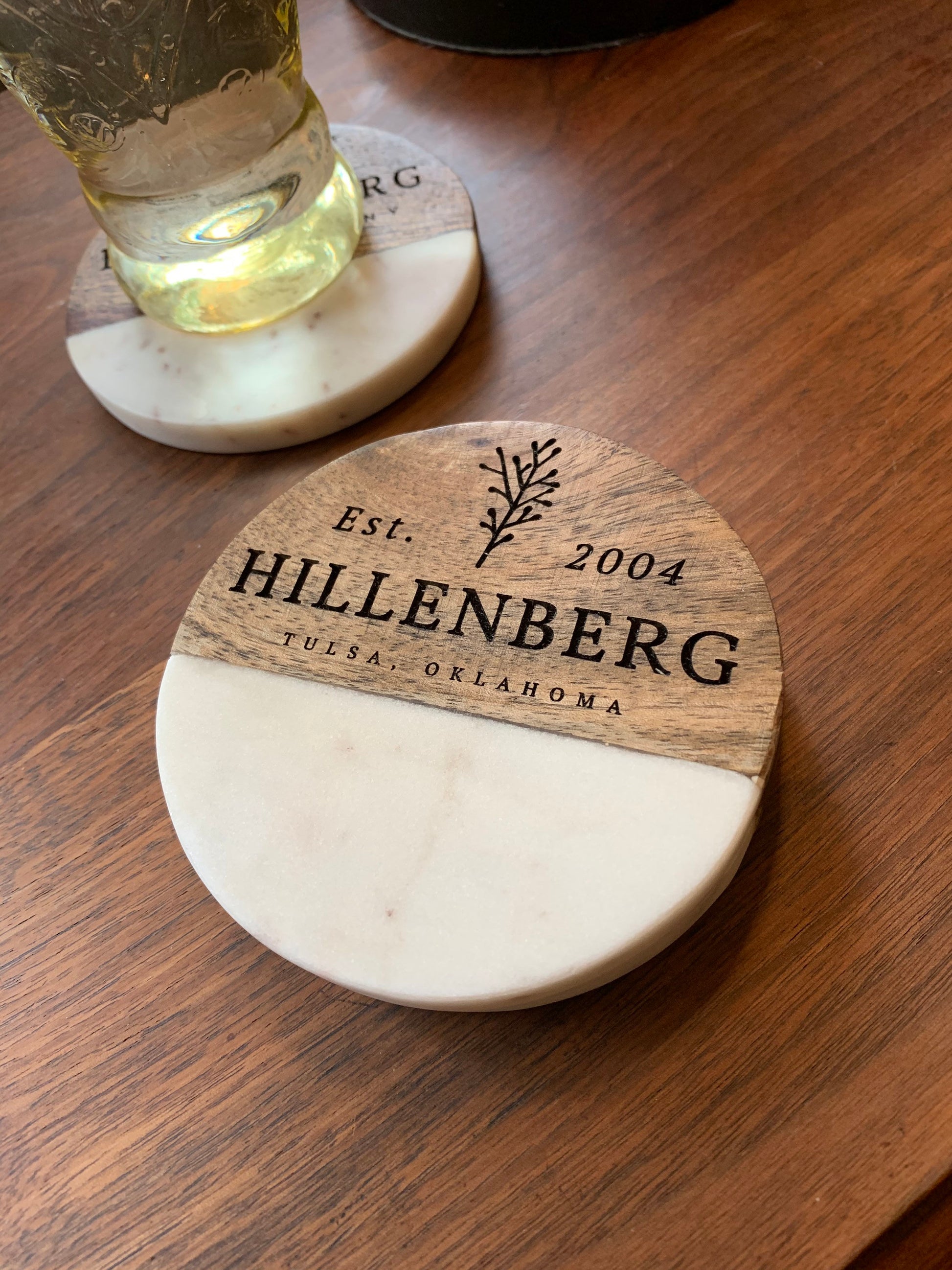 Custom Engraved Wood and Marble Coasters