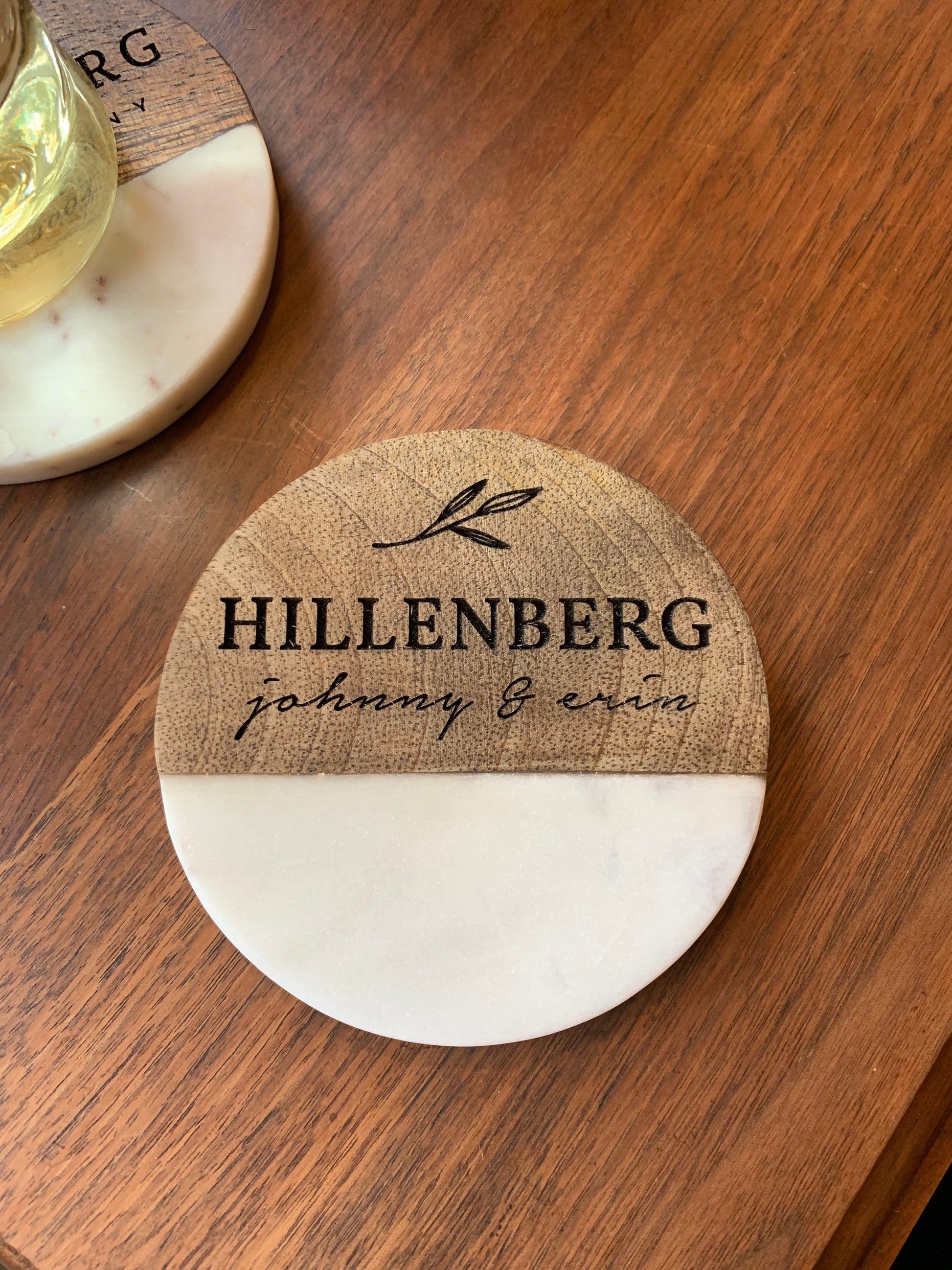 Custom Engraved Wood and Marble Coasters