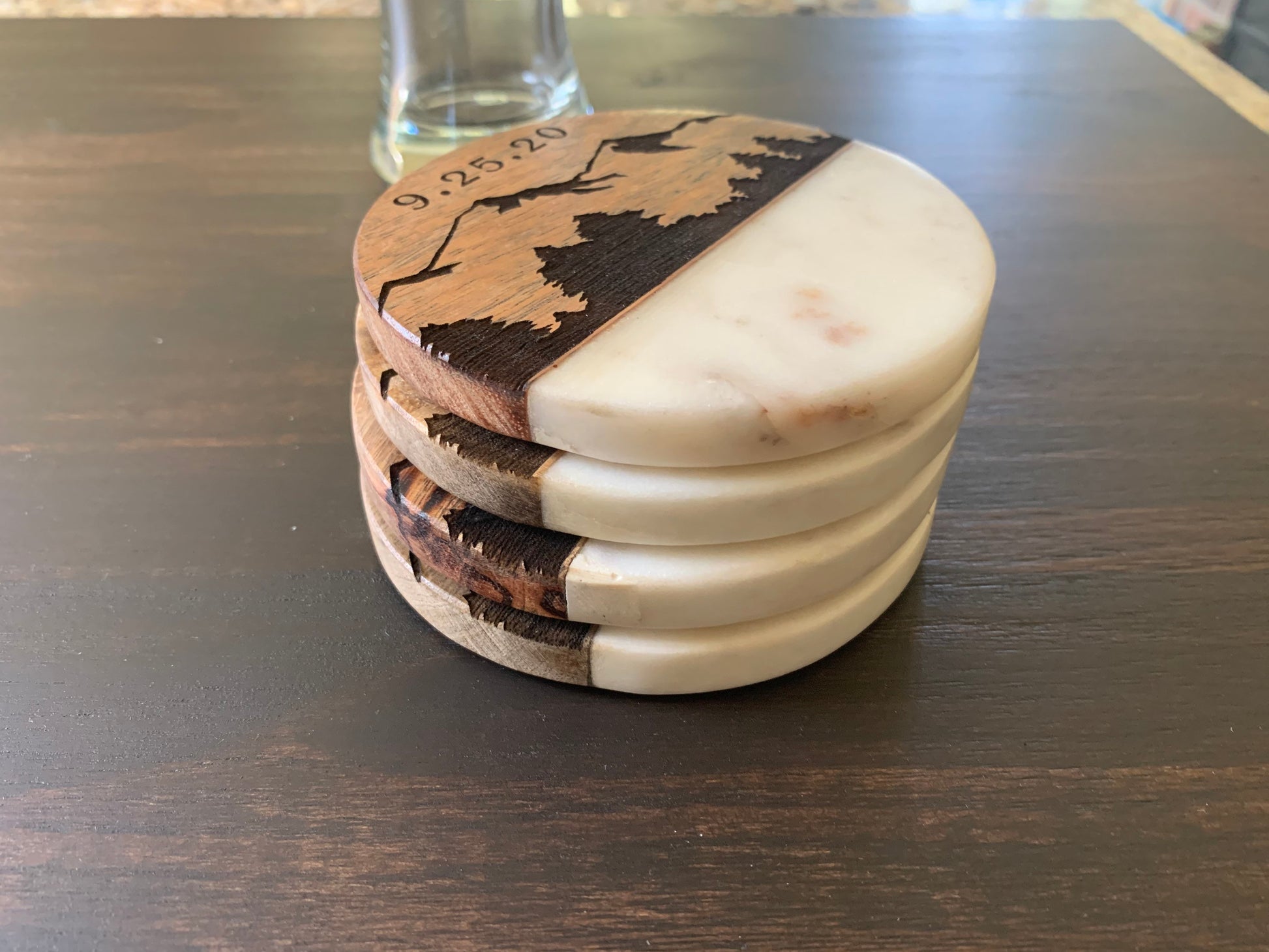 Custom Engraved Wood and Marble Coasters