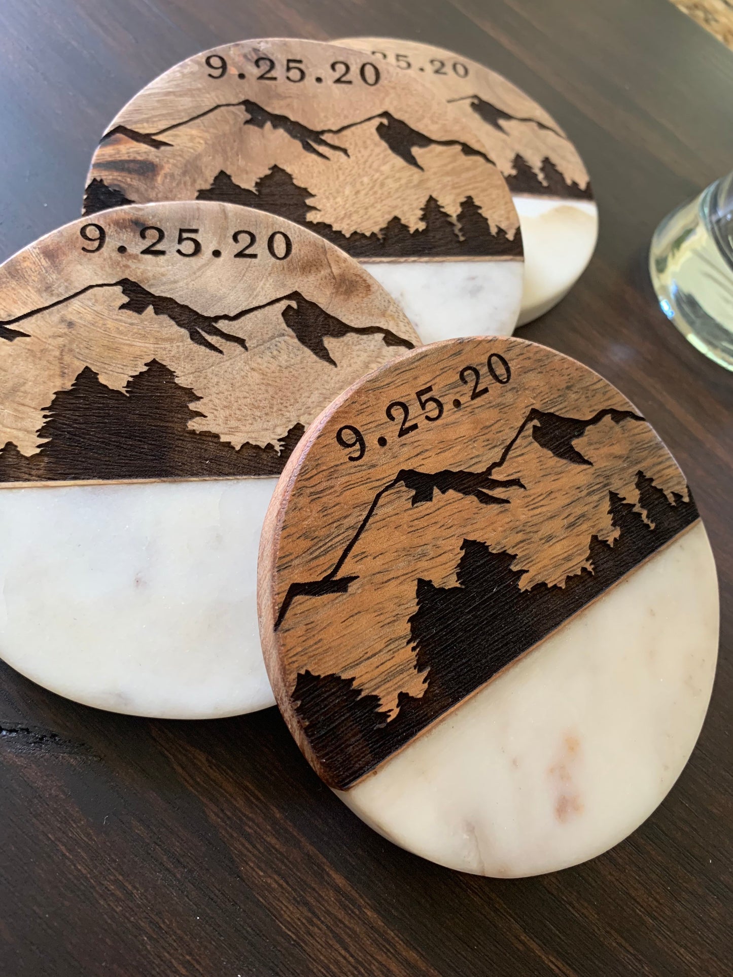 Custom Engraved Wood and Marble Coasters