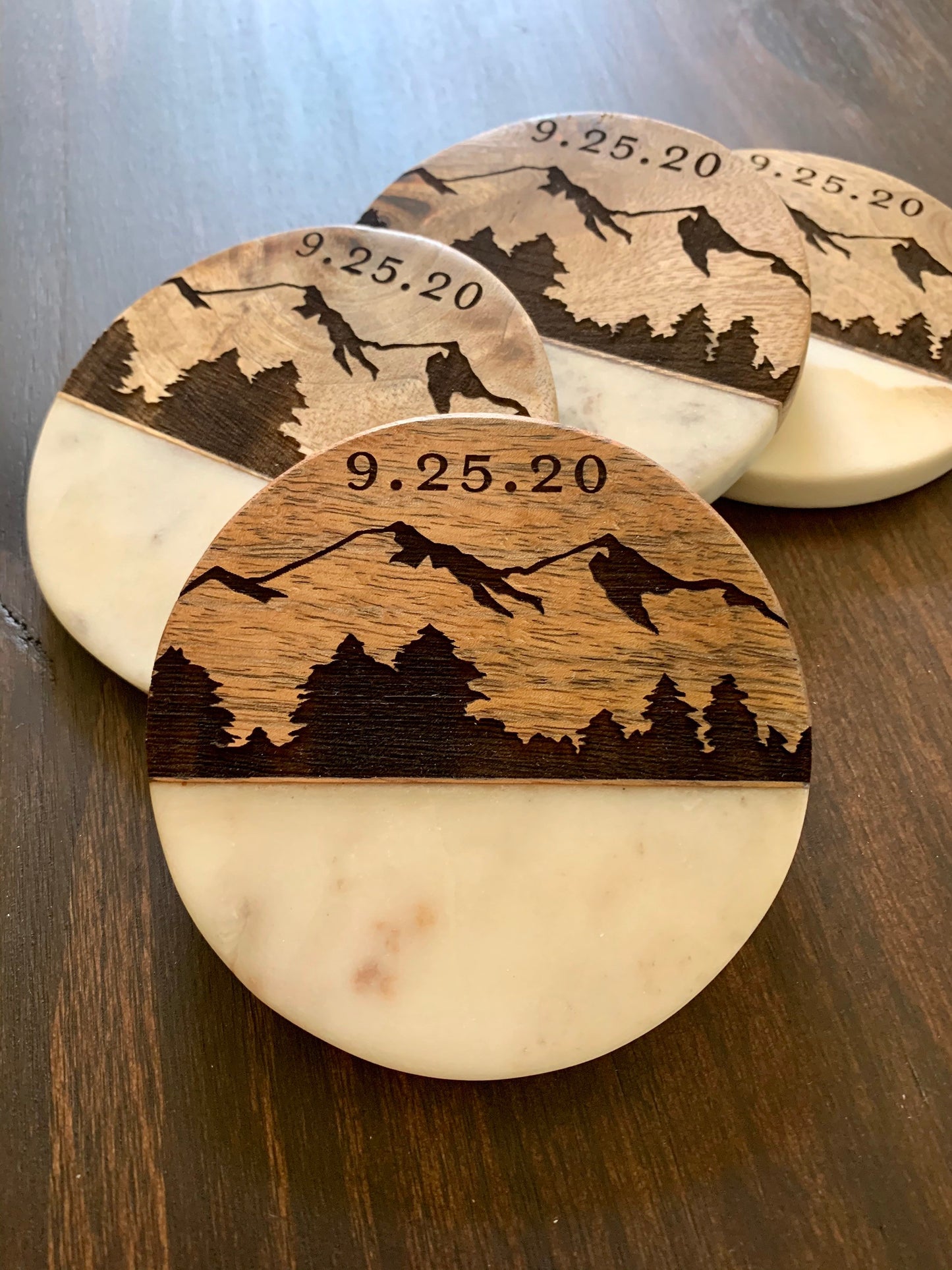 Custom Engraved Wood and Marble Coasters