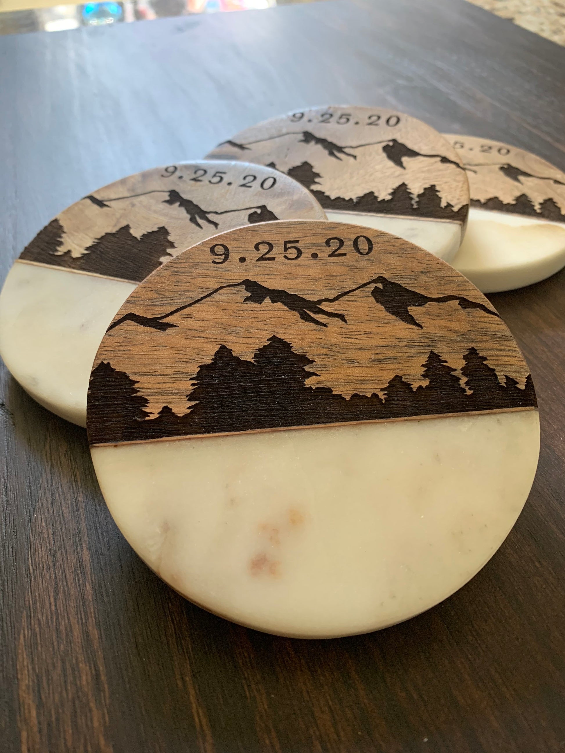 Custom Engraved Wood and Marble Coasters