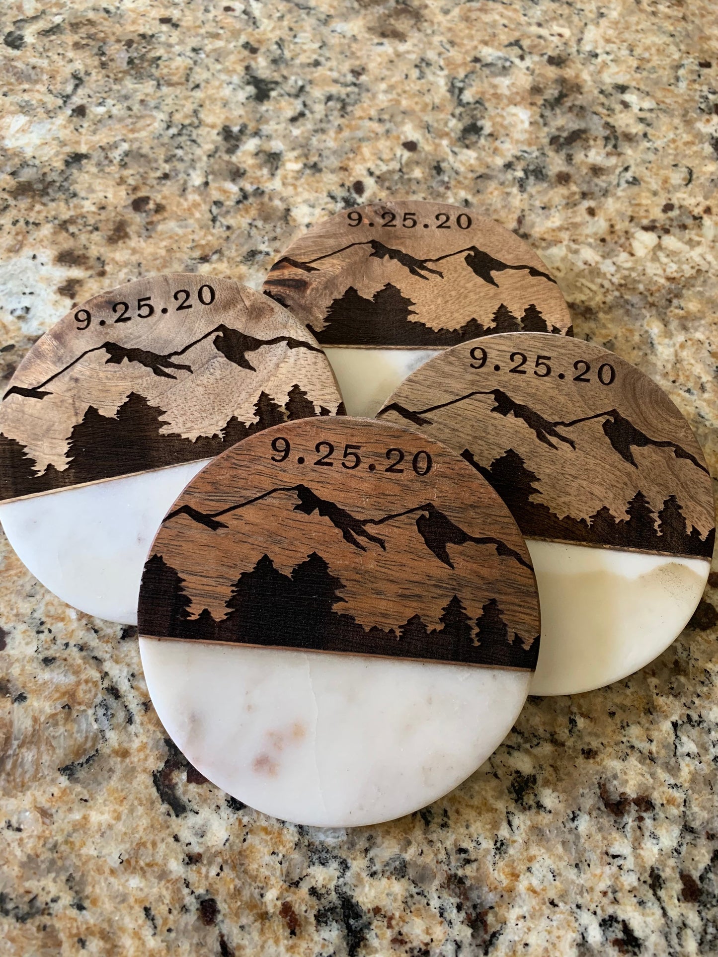 Custom Engraved Wood and Marble Coasters