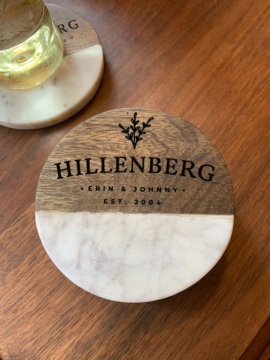 Custom Engraved Wood and Marble Coasters