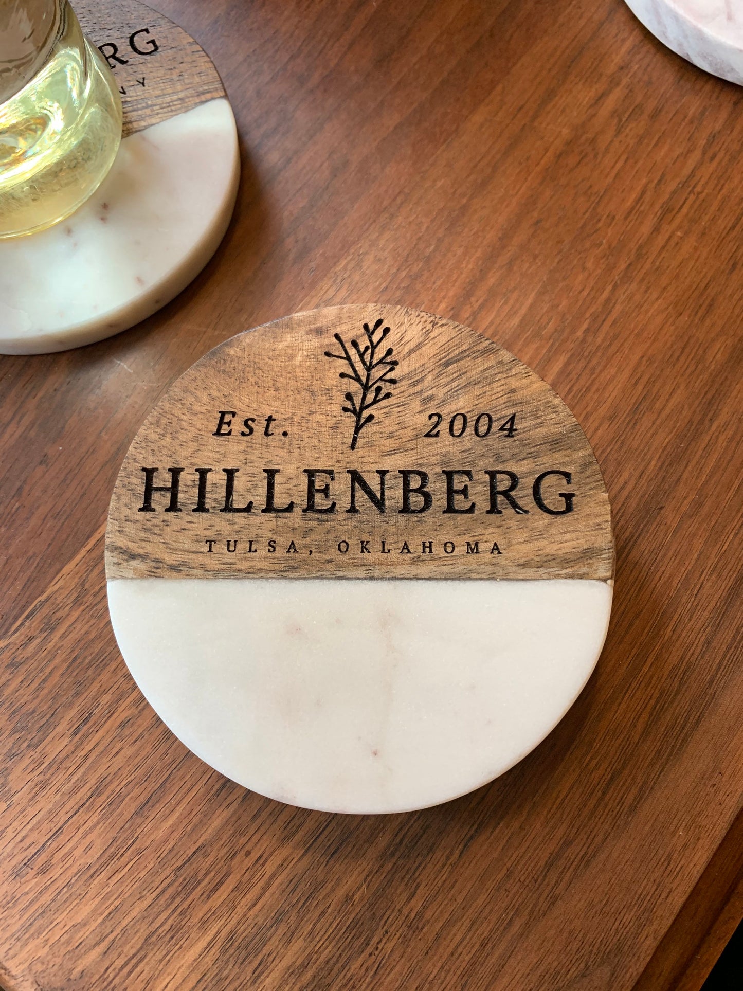 Custom Engraved Wood and Marble Coasters