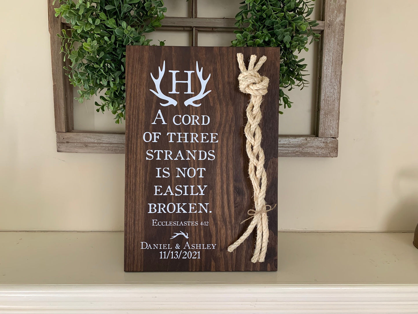 Rustic Cord Of Three Strands Wedding Sign, Deer Antler, A Cord of 3 Strands, Ecclesiastes 4:9-12