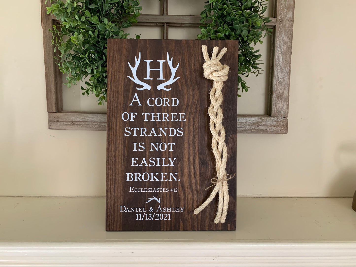 Rustic Cord Of Three Strands Wedding Sign, Deer Antler, A Cord of 3 Strands, Ecclesiastes 4:9-12