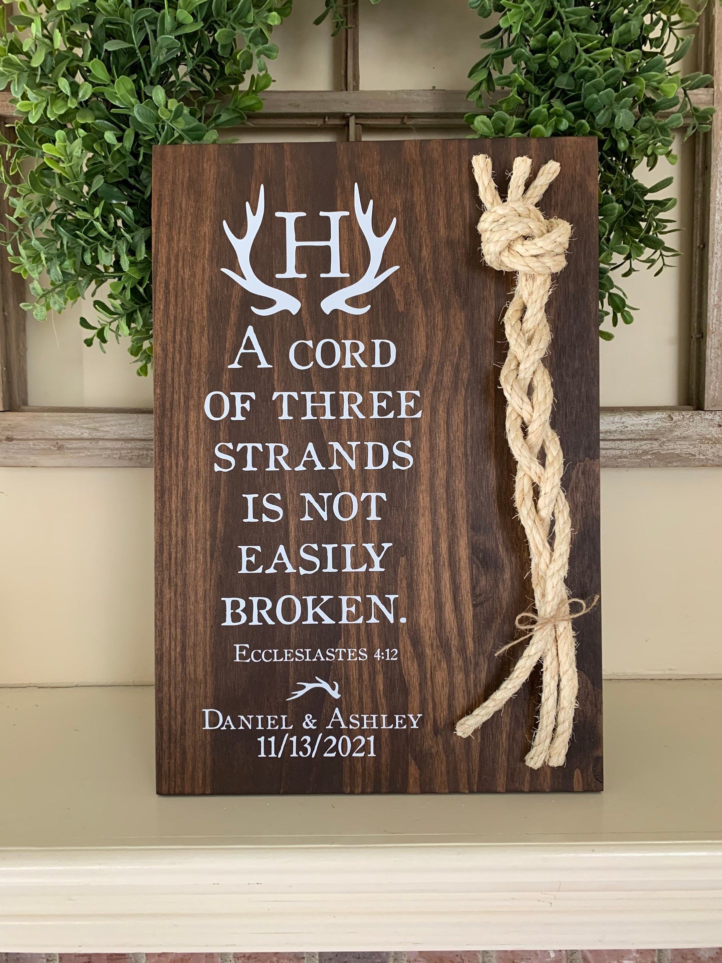 Rustic Cord Of Three Strands Wedding Sign, Deer Antler, A Cord of 3 Strands, Ecclesiastes 4:9-12