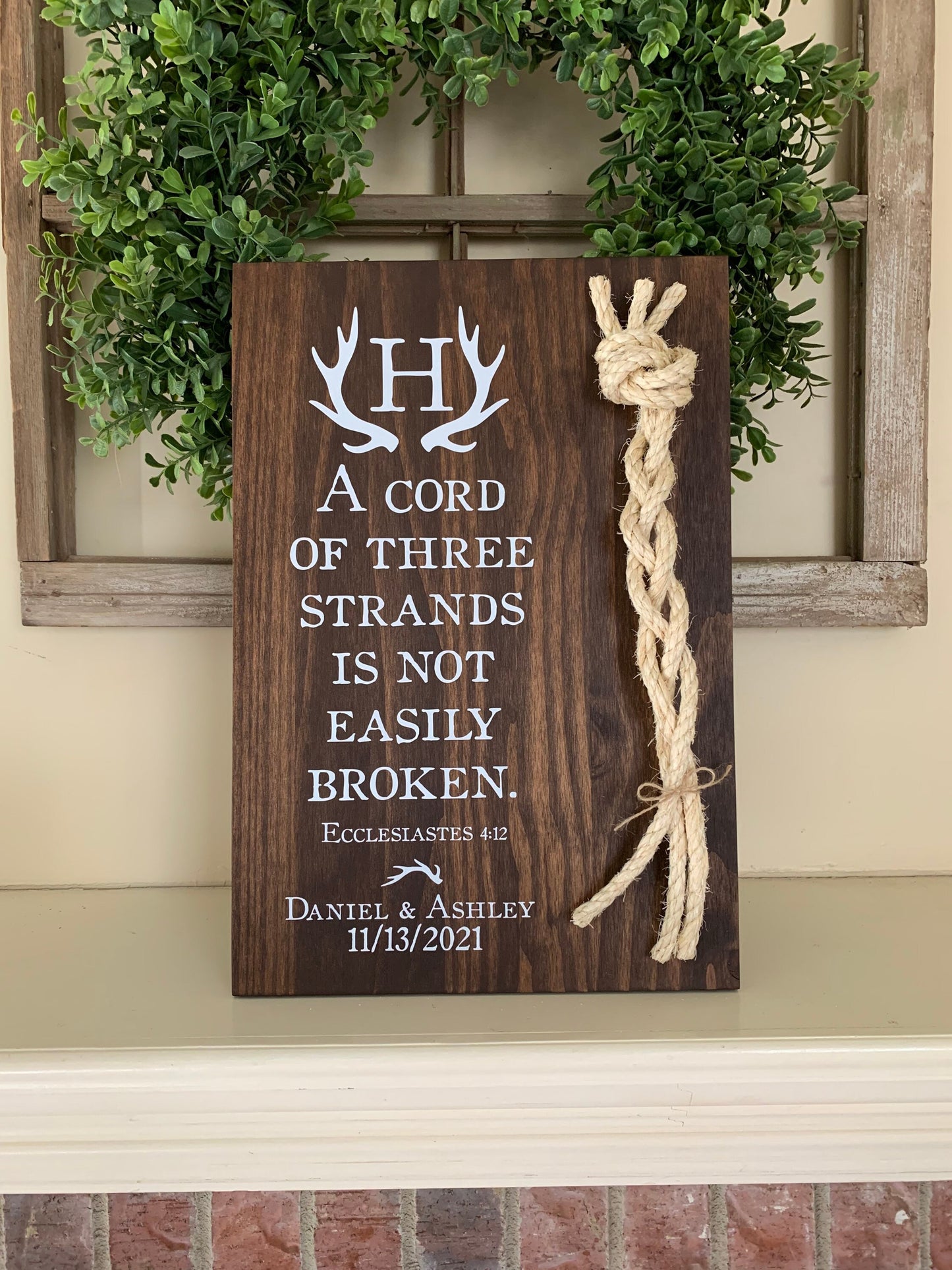 Rustic Cord Of Three Strands Wedding Sign, Deer Antler, A Cord of 3 Strands, Ecclesiastes 4:9-12