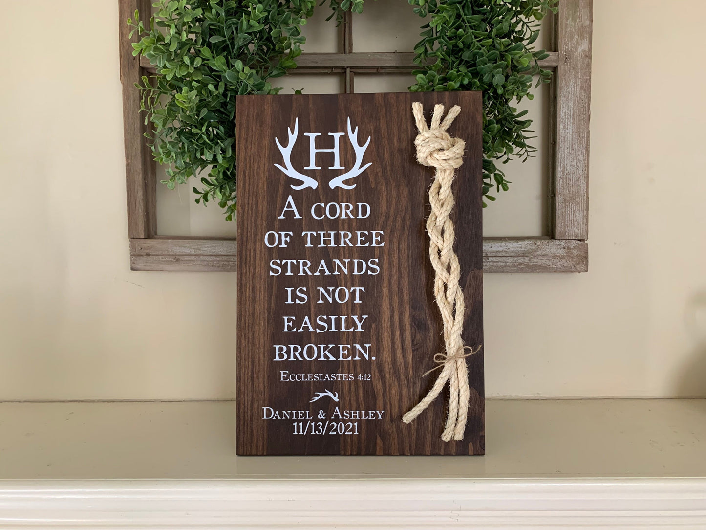 Rustic Cord Of Three Strands Wedding Sign, Deer Antler, A Cord of 3 Strands, Ecclesiastes 4:9-12