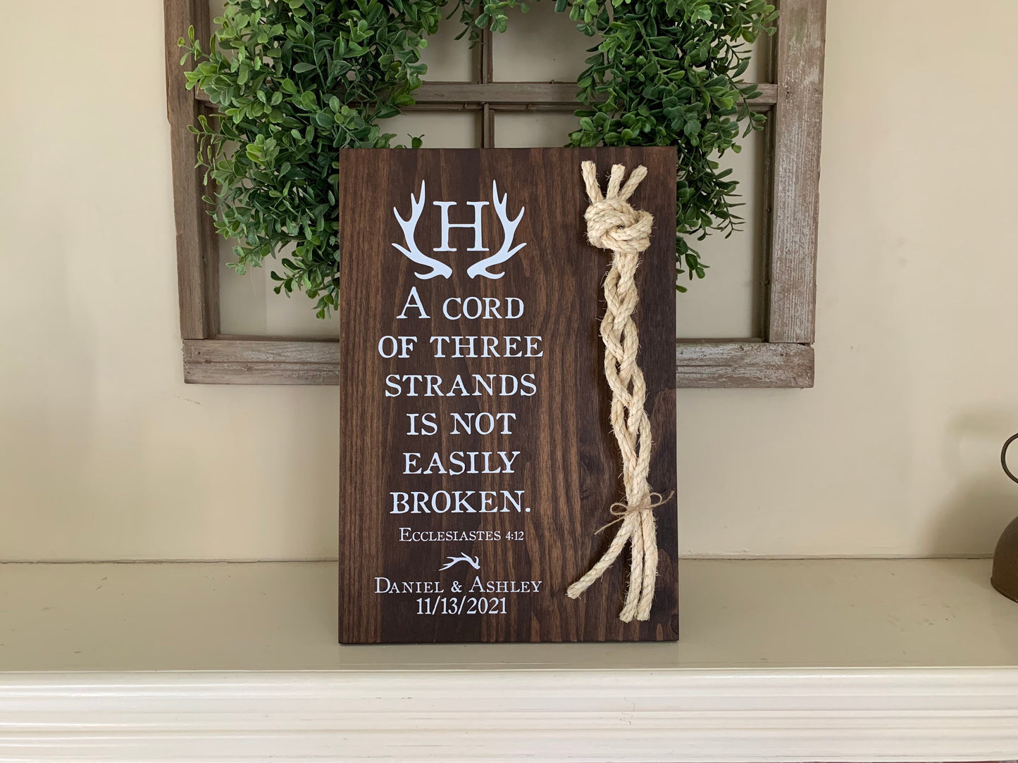 Rustic Cord Of Three Strands Wedding Sign, Deer Antler, A Cord of 3 Strands, Ecclesiastes 4:9-12