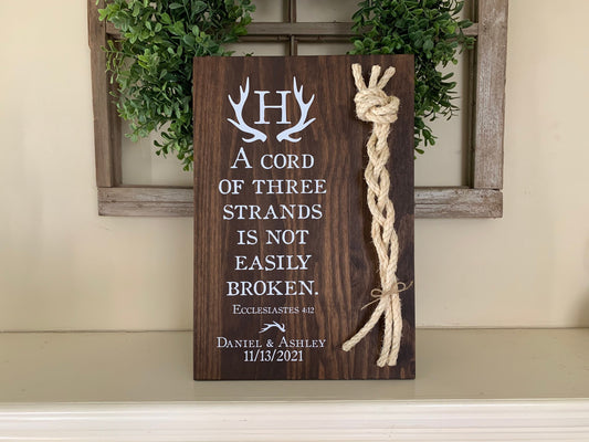 Rustic Cord Of Three Strands Wedding Sign, Deer Antler, A Cord of 3 Strands, Ecclesiastes 4:9-12