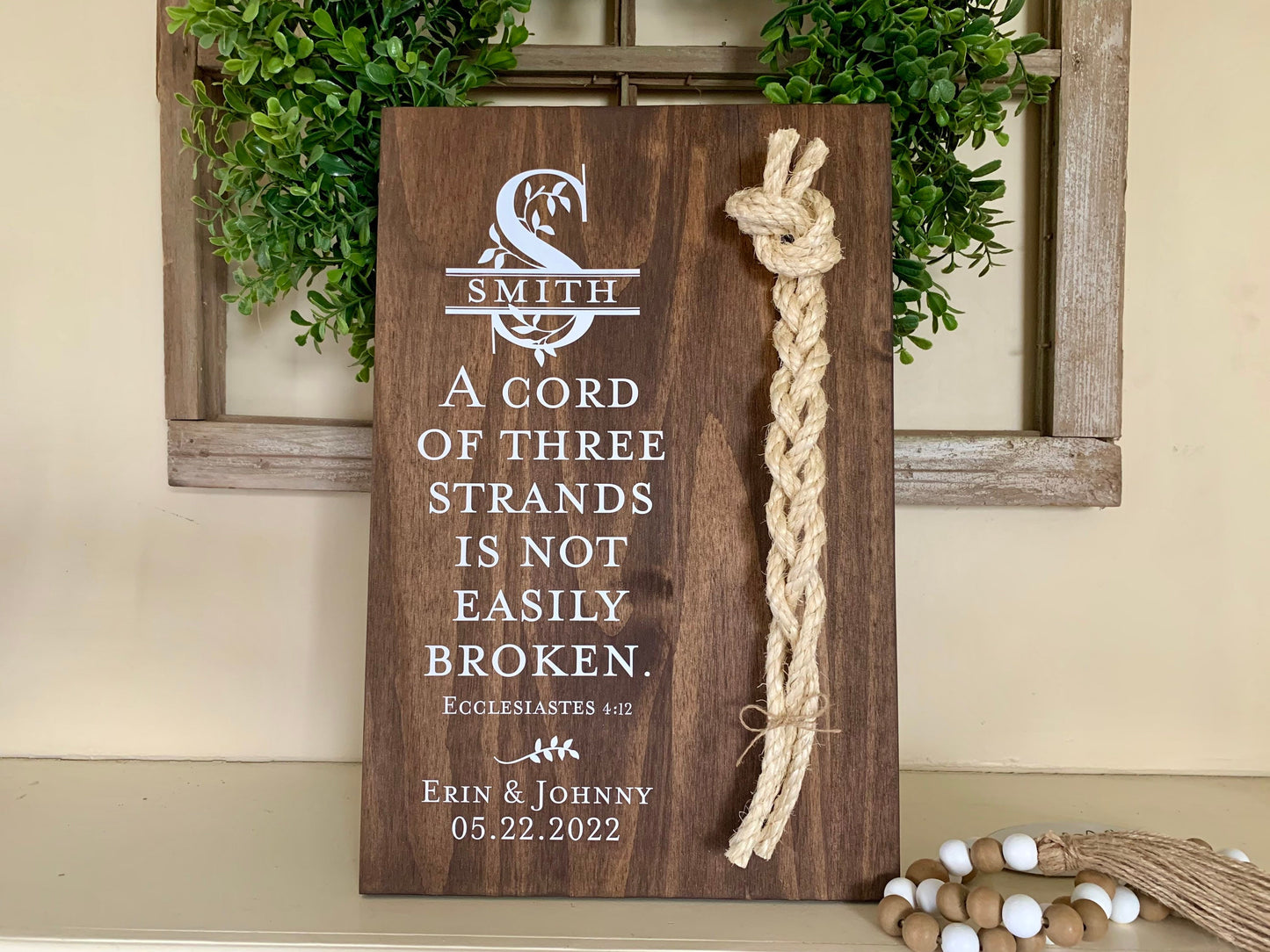 Christian Wedding Gift, A Cord of Three Strands is Not Easily Broken, Personalized Gift Couple, Anniversary Gift (Dark Walnut Color Shown)