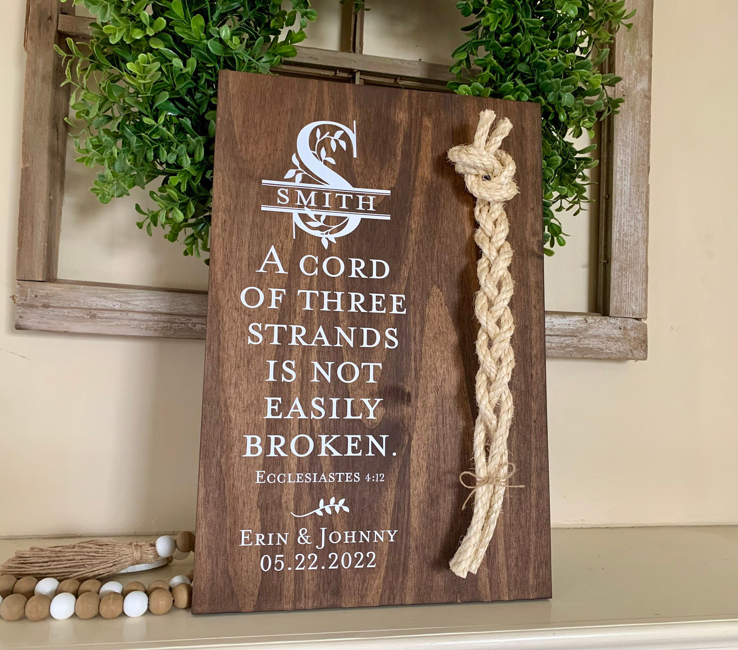 Christian Wedding Gift, A Cord of Three Strands is Not Easily Broken, Personalized Gift Couple, Anniversary Gift (Dark Walnut Color Shown)