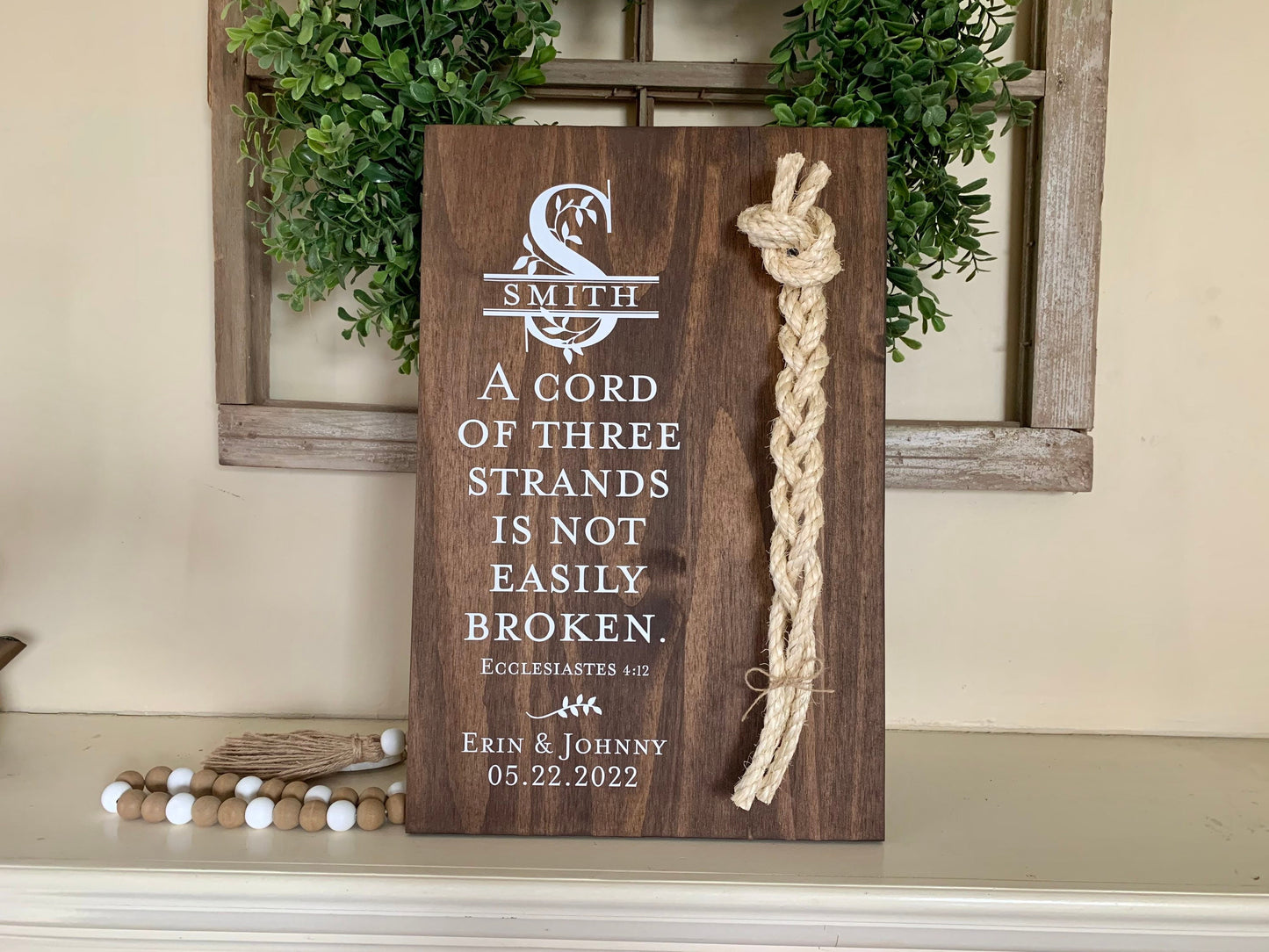 Christian Wedding Gift, A Cord of Three Strands is Not Easily Broken, Personalized Gift Couple, Anniversary Gift (Dark Walnut Color Shown)