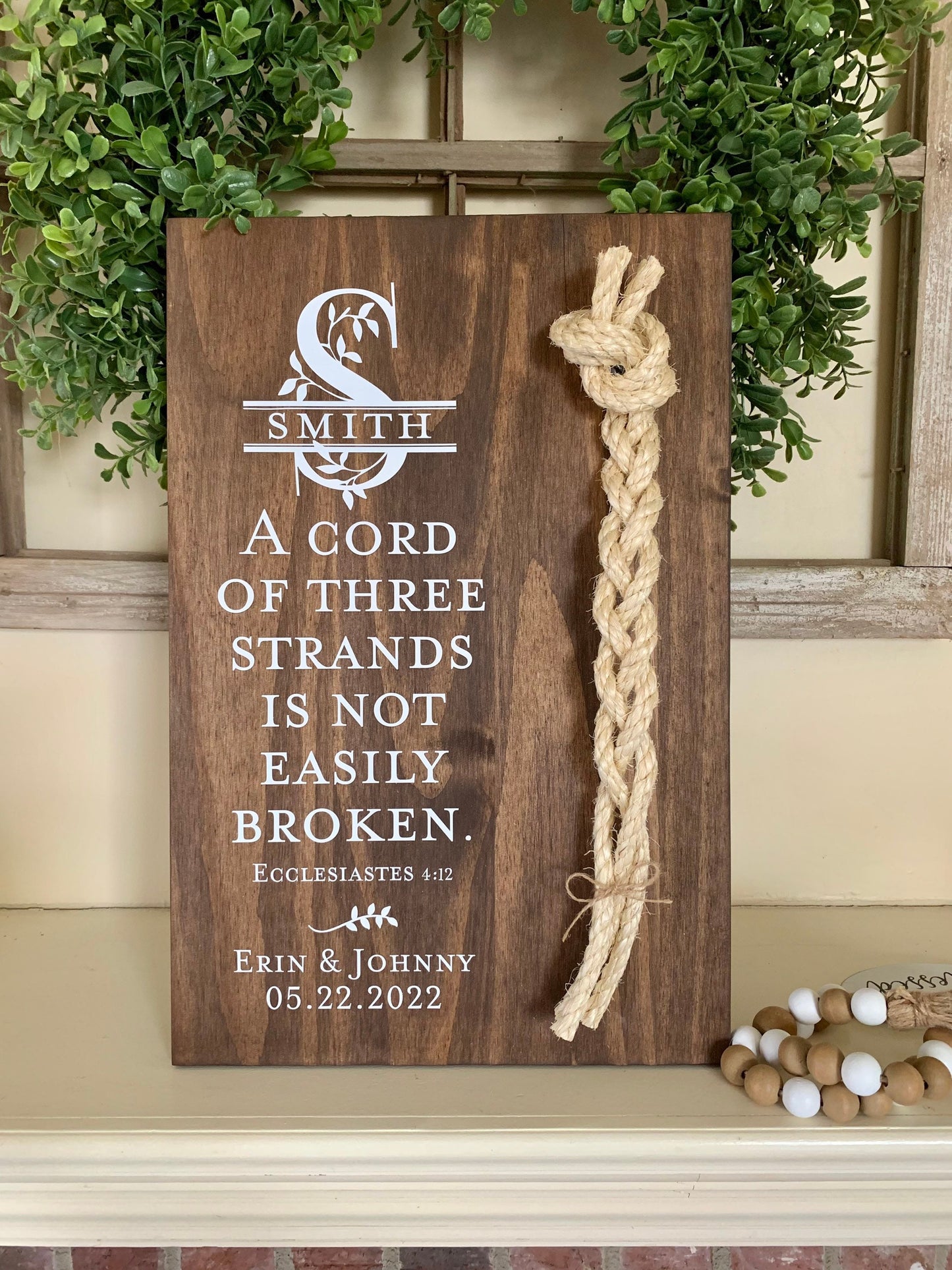 Christian Wedding Gift, A Cord of Three Strands is Not Easily Broken, Personalized Gift Couple, Anniversary Gift (Dark Walnut Color Shown)