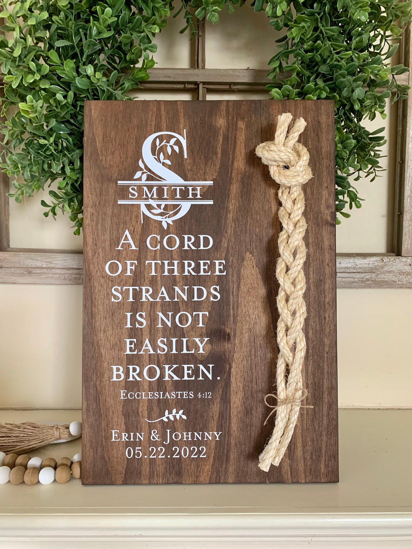 Christian Wedding Gift, A Cord of Three Strands is Not Easily Broken, Personalized Gift Couple, Anniversary Gift (Dark Walnut Color Shown)