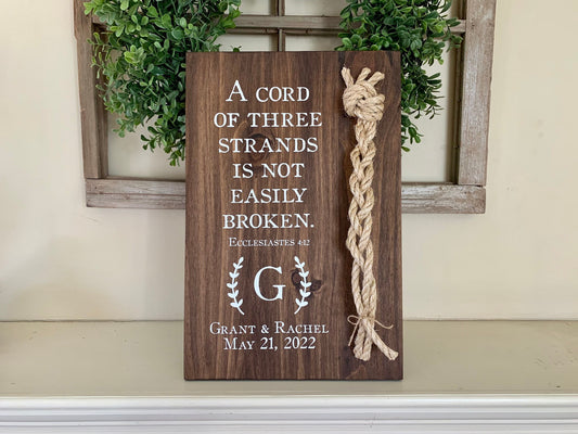 A Cord Of Three Strands Wedding Sign, Ceremony Sign, A Cord of 3 Strands, Ecclesiastes 4:9-12, Wedding Gift, (Dark Walnut Color Shown)