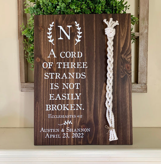 Christian Wedding Gift, 3 White Cords, A Cord of Three Strands is Not Easily Broken, (Dark Walnut Color Shown)