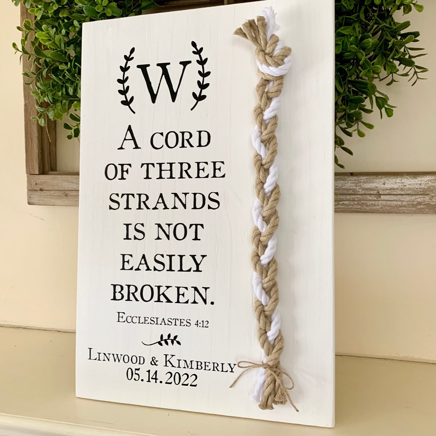 A Cord Of Three Strands Wedding Sign, 2 Natural Cords/1 White Cord, Unity Ceremony Sign, A Cord of 3 Strands, Ecclesiastes 4:12